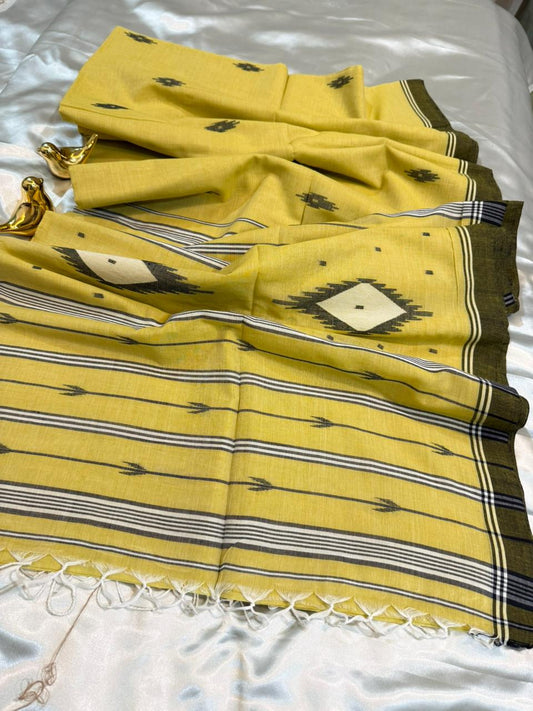 Lemon Yellow Handwoven Jamdani Saree