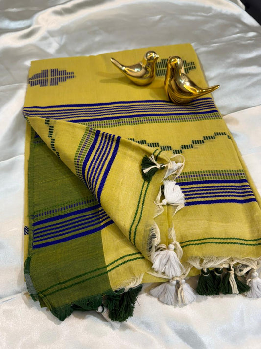 Lemon Yellow Temple Border Handwoven Jamdani Saree
