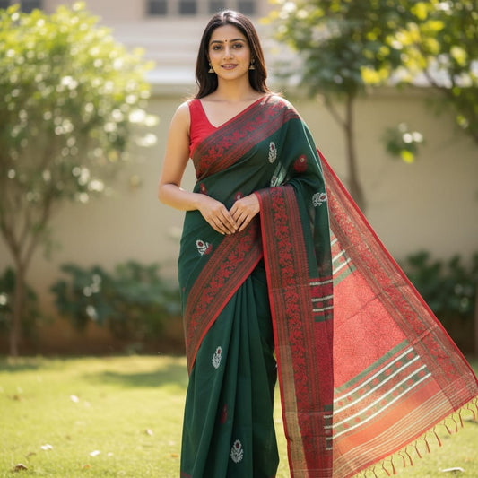 Bottle Green with Maroon Border Cotton Baluchari