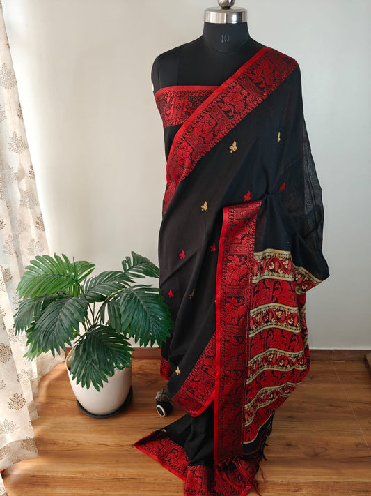 Black and Red Border Cotton Baluchari Saree