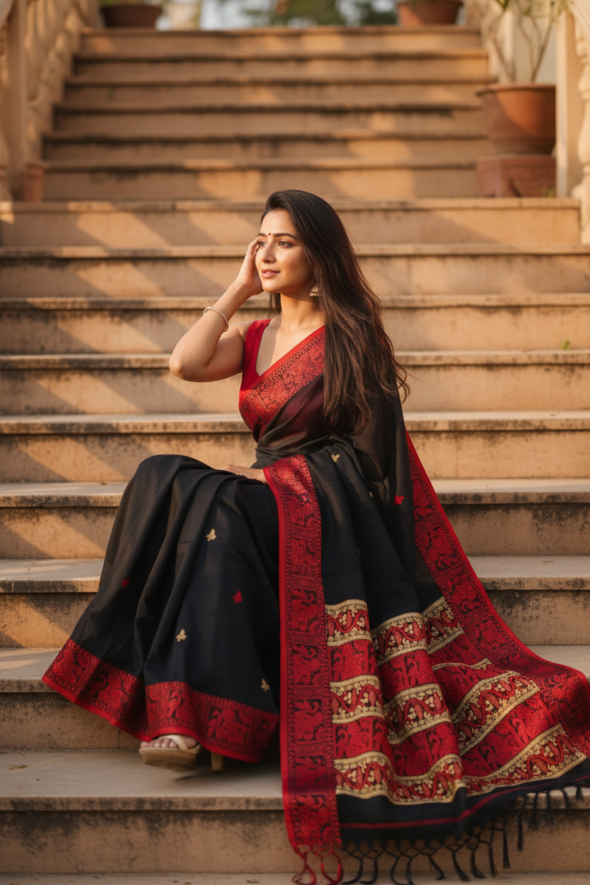 Black and Red Border Cotton Baluchari Saree