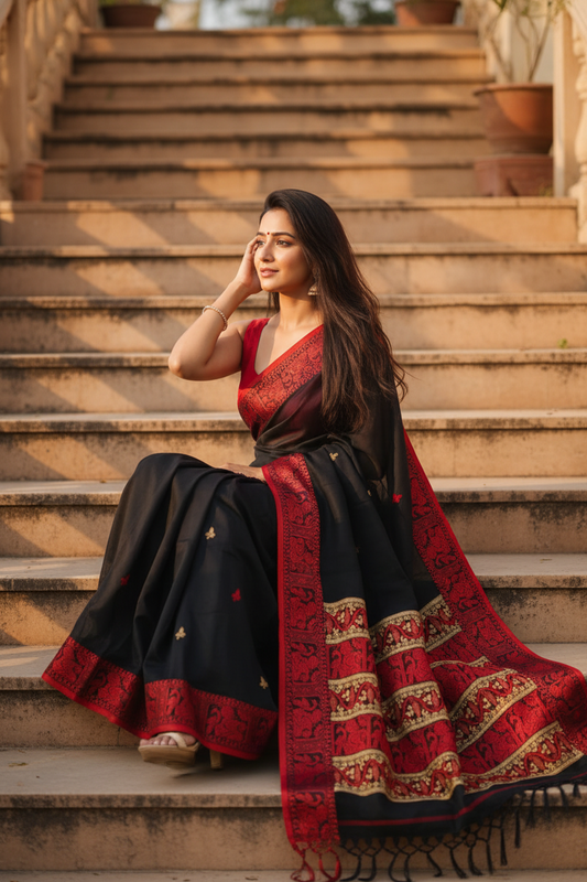 Black and Red Border Cotton Baluchari Saree