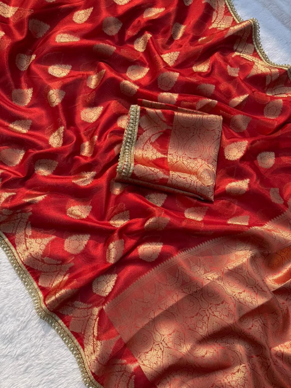 Red Semi Tissue Banarasi with Lace Border