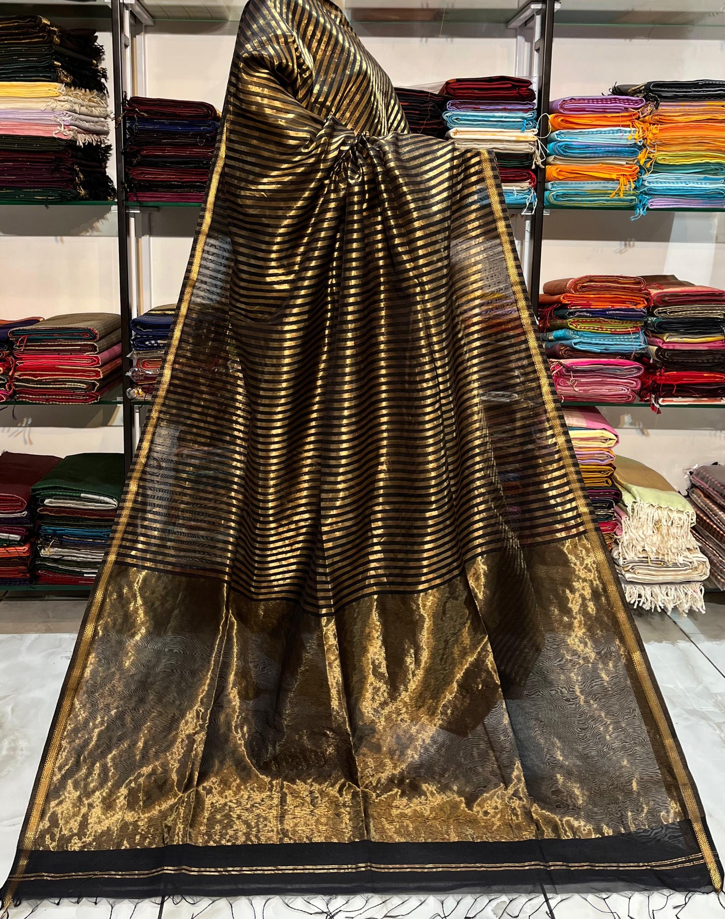 Black Zari Stripe Tissue Maheshwari Saree