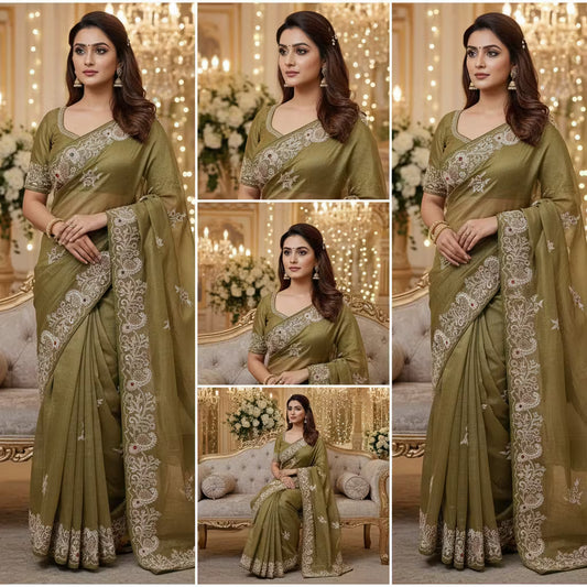 Noor-e-Olive – Intricate Tissue Handwork Saree